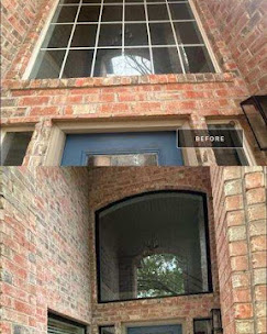 Two-story entry window before and after replacement